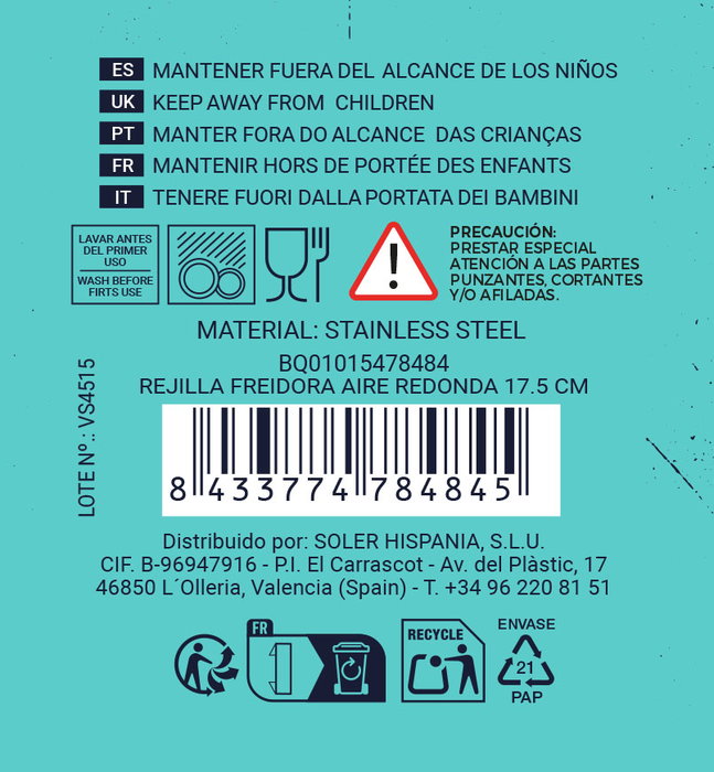 Inde - Rejilla Redonda para Airfryer, Acero Inoxidable, Diámetro 17.5 cm (36 Unidades) Inde - Rejilla Redonda para Airfryer, Acero Inoxidable, Diámetro 17.5 cm (36 Unidades)