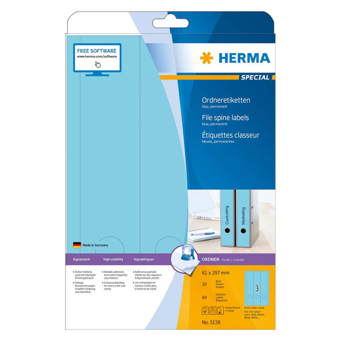 HERMA 5138 Etiquetas para carpetas 61,0 x 297,0 mm azul