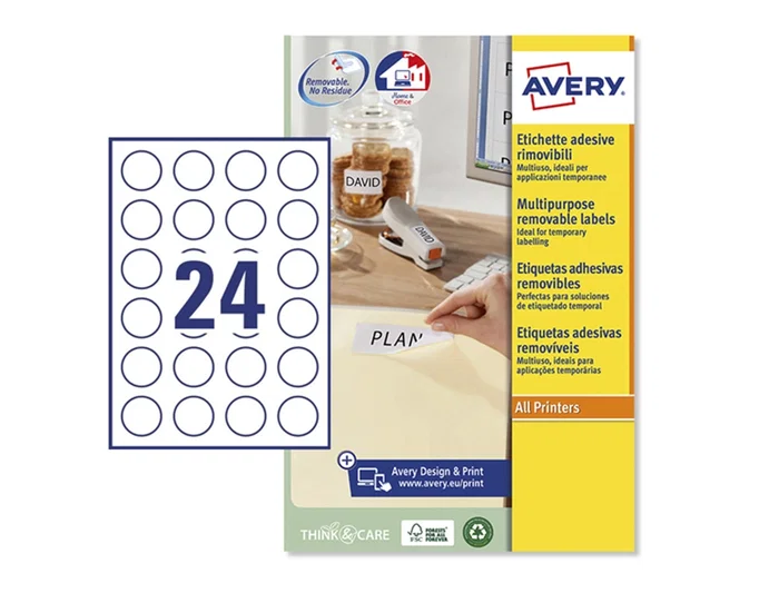 Etiquetas Adh.Impr.Avery A4 Blanca Redonda Removible Eco Caja 25H Ø37Mm 600Uds.(L4851Rev)
