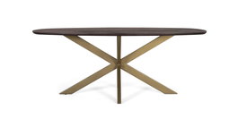 GINER Y COLOMER Mesa de Comedor Ovalada 200 cm, Madera de Acacia con Acabado Nogal y Patas de Araña en Metal Lacado Dorado Mate, Sofisticada y Resistente