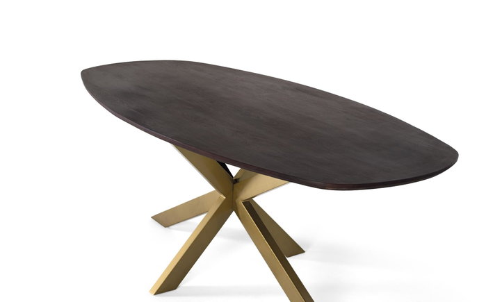 GINER Y COLOMER Mesa de Comedor Ovalada 200 cm, Madera de Acacia con Acabado Nogal y Patas de Araña en Metal Lacado Dorado Mate, Sofisticada y Resistente