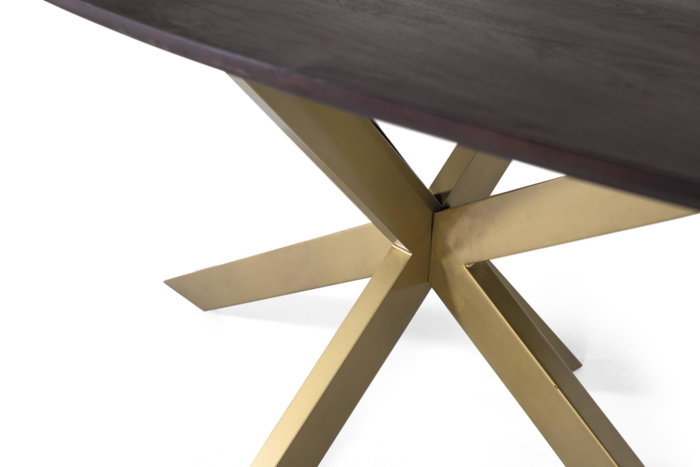 GINER Y COLOMER Mesa de Comedor Ovalada 200 cm, Madera de Acacia con Acabado Nogal y Patas de Araña en Metal Lacado Dorado Mate, Sofisticada y Resistente