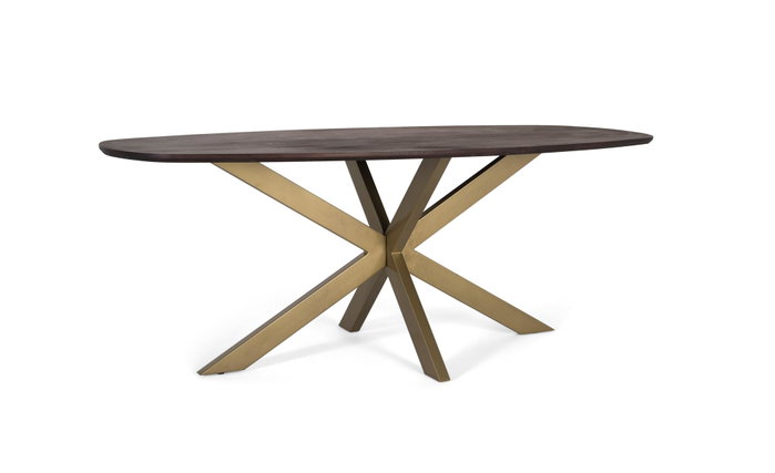 GINER Y COLOMER Mesa de Comedor Ovalada 200 cm, Madera de Acacia con Acabado Nogal y Patas de Araña en Metal Lacado Dorado Mate, Sofisticada y Resistente