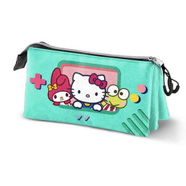 Sanrio Hello Kitty Estuche Triple Neceser para Lápices y Accesorios - 3 Compartimentos con Cremallera, 23.5x10x5 cm, Color Turquesa, Ripstop y Poliéster