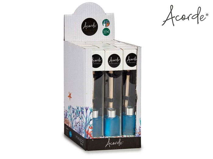 Acorde Mikado 30 ml Ocean Aroma, Difusor con Varillas de Ratán, Vidrio y Plástico, Azul, 4.4x7.9x2.9 cm (Set de 24)