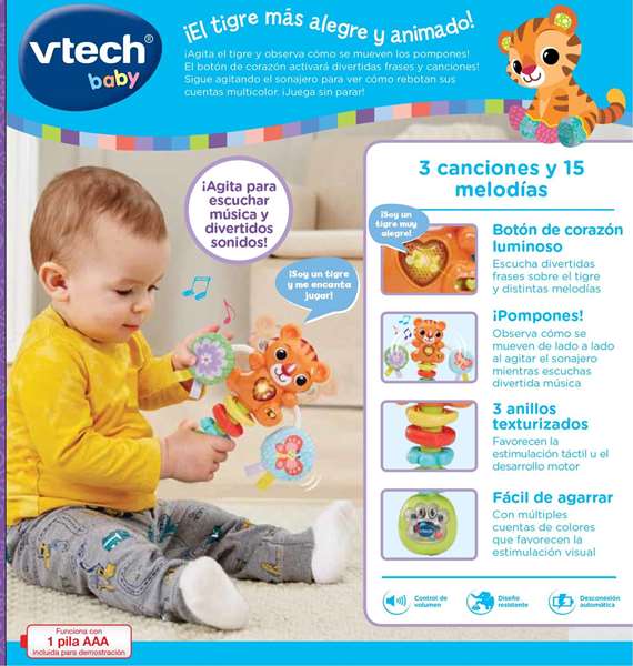 VTech Sonajero Musical Tigre para Bebés 3-24 Meses con Frases, Canciones, Luces y Melodías - Incluye Pilas AAA, 18.4 x 16 x 4.7 cm