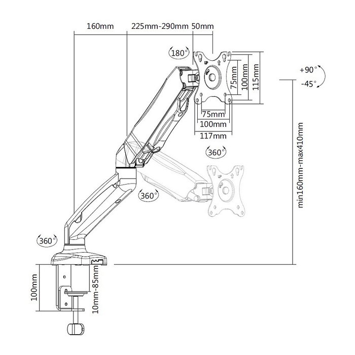 EQUIP Soporte de sobremesa para monitor de 17" a 32", abrazadera VESA 100x100, gasfeder, 9 kg, inclinación -90°/+90°, rotación 180°, color negro