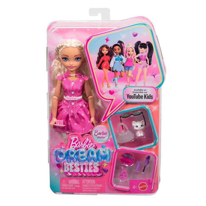 Barbie Muñeca Dream Besties Malibu JKP50 Mattel Muñeca de Moda con Accesorios Temáticos y Gatito, Idioma: English, francés, alemán, portugués, español