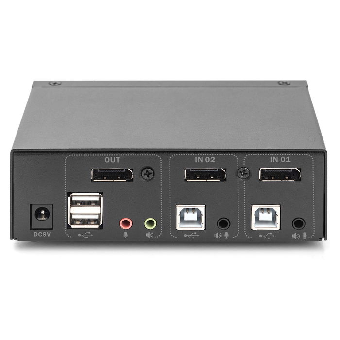 Digitus Conmutador KVM Switch DisplayPort 2x1 para 2 Ordenadores, 4K Ultra HD 3840x2160 a 60 Hz, Plug and Play, Conexión de Audio, Negro