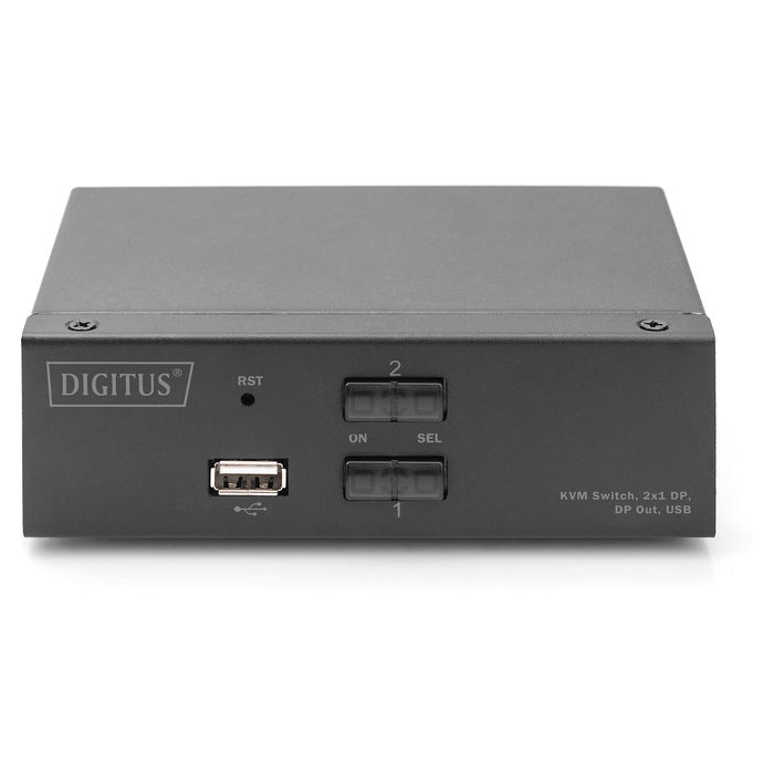 Digitus Conmutador KVM Switch DisplayPort 2x1 para 2 Ordenadores, 4K Ultra HD 3840x2160 a 60 Hz, Plug and Play, Conexión de Audio, Negro