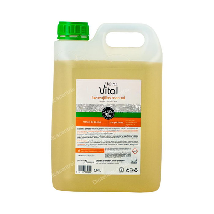Beltrán Vital Lavavajillas Multiusos 5L - Sin Perfume, Colorantes, Fosfatos o Alérgenos - Para Pieles Sensibles