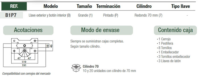 Cerrojo Modelo B1 Pintado con Llave Serreta Exterior y Botón Interior 119mm