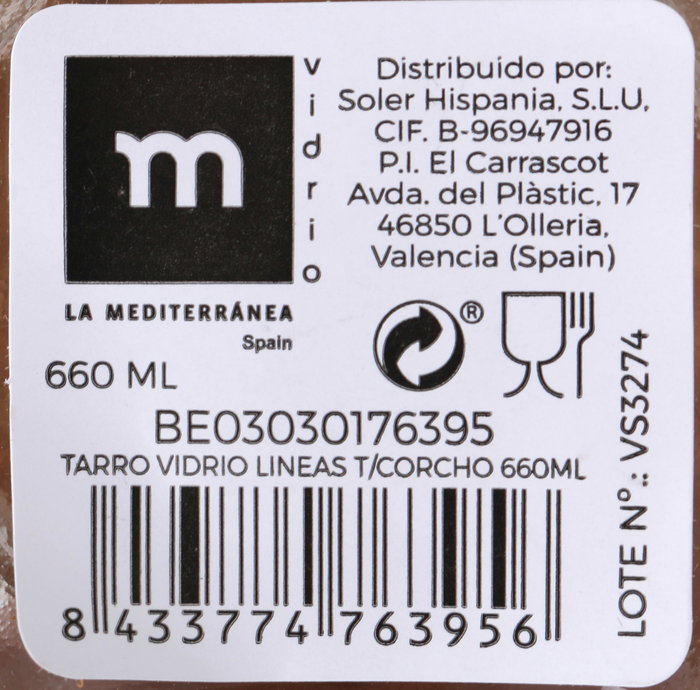La Mediterranea Tarro de Vidrio Lineas con Tapa de Corcho 660ml (Pack de 24) SKU B178C33F8H