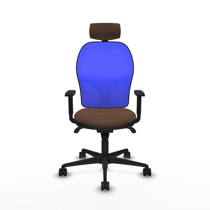 Silla de oficina Jorquera con mecanismo Sincro tapizada con Tela color Marrón oscuro y malla color Azul. Equipada con lumbar 1D, Brazos 1D, Cabecero 2D y Ruedas 65mm nailon