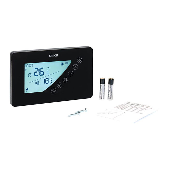 Simon Termostato Digital Programable Semanal AF521103, Pantalla LCD Retroiluminada, Control para Calefacción y A/A, Negro Simon Termostato Digital Programable Semanal AF521103, Pantalla LCD Retroiluminada, Control para Calefacción y A/A, Negro