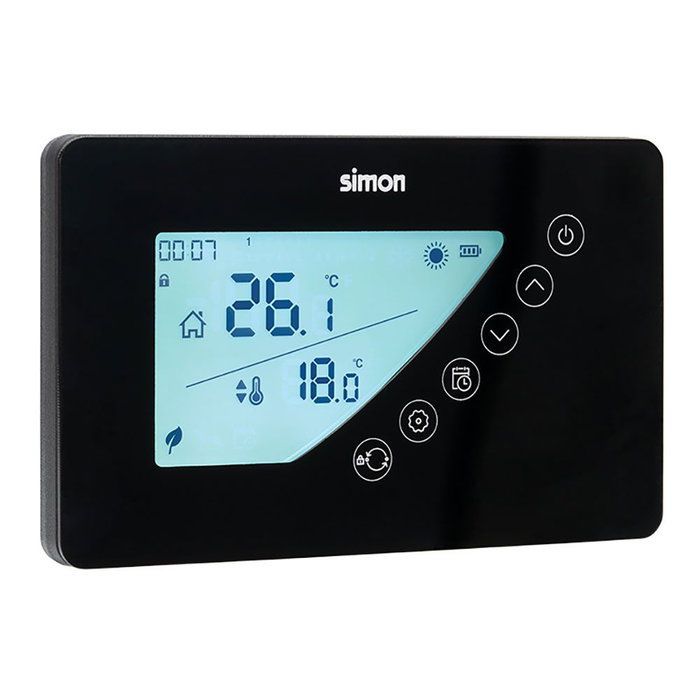 Simon Termostato Digital Programable Semanal AF521103, Pantalla LCD Retroiluminada, Control para Calefacción y A/A, Negro Simon Termostato Digital Programable Semanal AF521103, Pantalla LCD Retroiluminada, Control para Calefacción y A/A, Negro