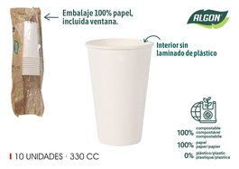 Algon Set 10 Vasos Blanco Cartón 330cc (8cm x 12cm x 8cm) (20 Unidades)