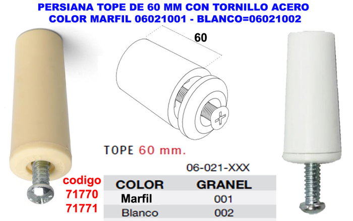 Persiana tope de 60 mm con tornillo de acero color blanco 06021002 Persiana tope de 60 mm con tornillo de acero color blanco 06021002