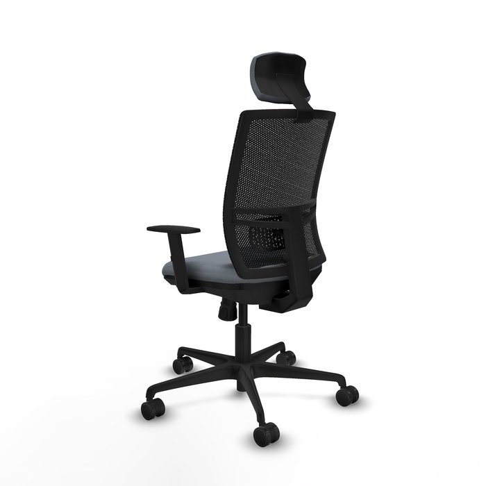 Silla de oficina Yunquera con mecanismo Sincro tapizada con Tela color Gris y malla color Negro. Equipada con lumbar 1D, Brazos 1D, Cabecero 1D y Ruedas 65mm nailon