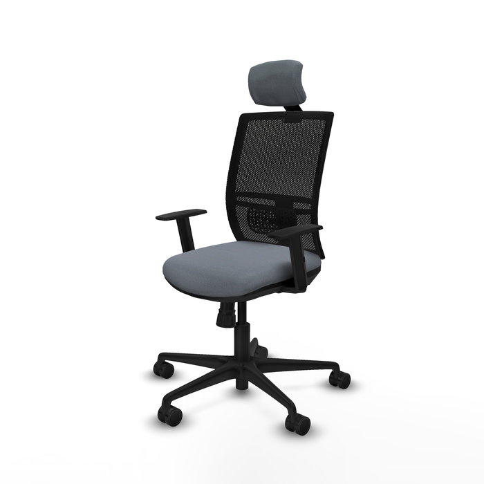 Silla de oficina Yunquera con mecanismo Sincro tapizada con Tela color Gris y malla color Negro. Equipada con lumbar 1D, Brazos 1D, Cabecero 1D y Ruedas 65mm nailon