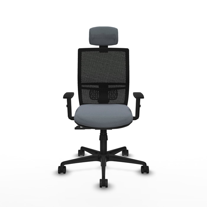Silla de oficina Yunquera con mecanismo Sincro tapizada con Tela color Gris y malla color Negro. Equipada con lumbar 1D, Brazos 1D, Cabecero 1D y Ruedas 65mm nailon