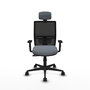 Silla de oficina Yunquera con mecanismo Sincro tapizada con Tela color Gris y malla color Negro. Equipada con lumbar 1D, Brazos 1D, Cabecero 1D y Ruedas 65mm nailon