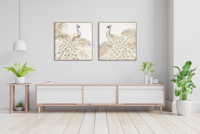 DKD Home Decor Cuadro Lienzo Pavo Real 3D, Set de 2 Piezas, 100x100 cm