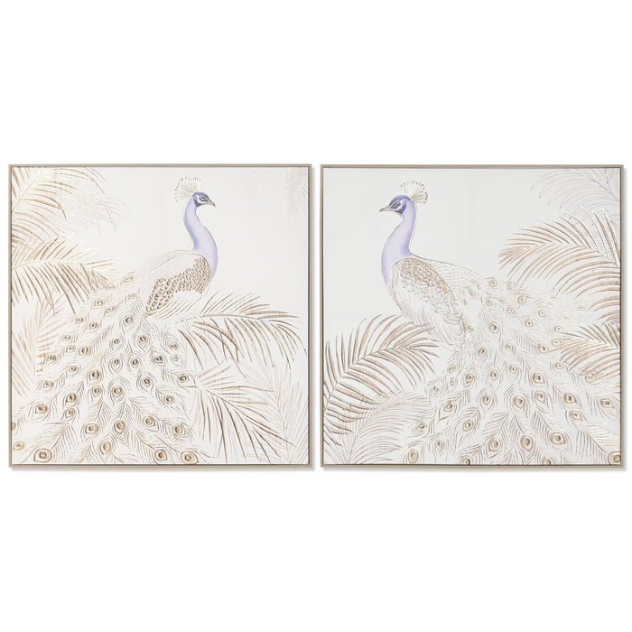 DKD Home Decor Cuadro Lienzo Pavo Real 3D, Set de 2 Piezas, 100x100 cm