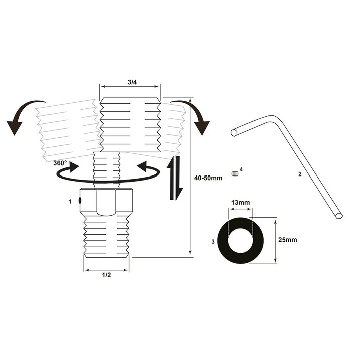 Verhal Kit Excéntricas Extensibles Rotatorias 360°, Longitud 40-50 mm, Rosca 1/2 - 3/4 pulg, Acero Inox 304 y NBR, Incluye Elementos Fijación Verhal Kit Excéntricas Extensibles Rotatorias 360°, Longitud 40-50 mm, Rosca 1/2 - 3/4 pulg, Acero Inox 304 y NBR, Incluye Elementos Fijación