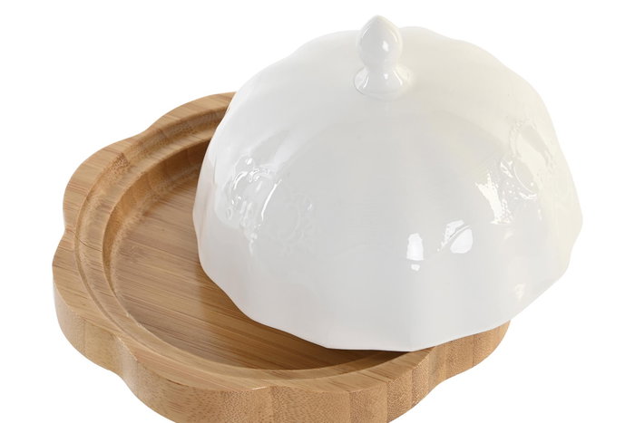 DKD Home Decor Mantequillera de Porcelana y Bambú Blanco 17,5x17,5x10 cm DKD Home Decor Mantequillera de Porcelana y Bambú Blanco 17,5x17,5x10 cm