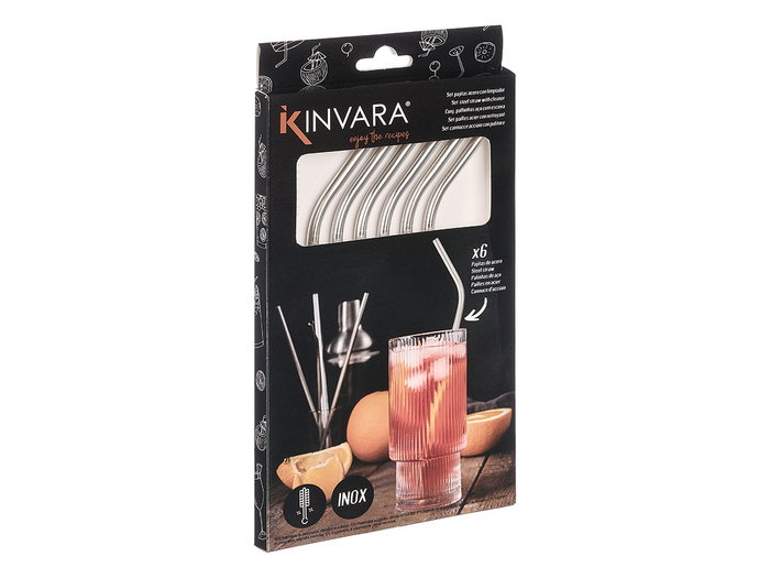 Kinvara Set 6 Pajitas Acero Inoxidable con Limpiador Incluido Plata 20 cm x 0.5 cm Diámetro con Escobilla 20cm (Set de 24)