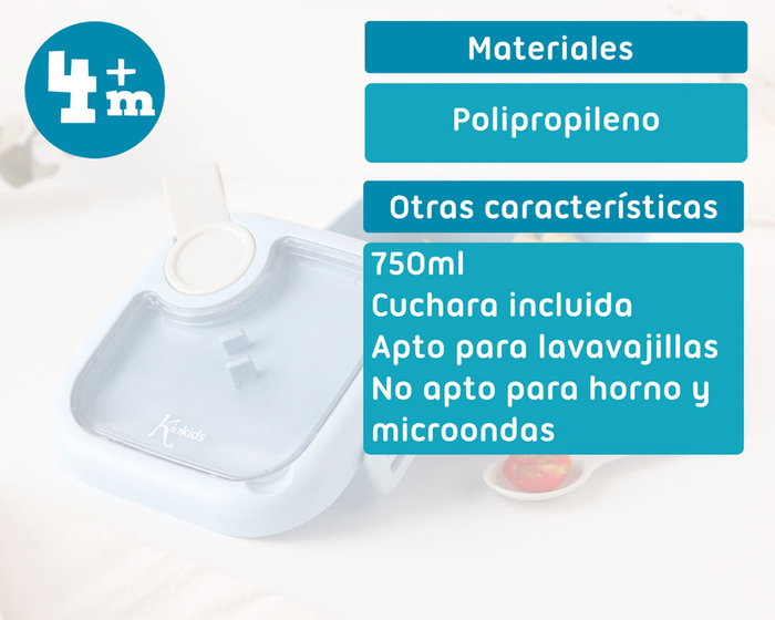 KioKids Caja Almuerzo Azul 750 ml Con Cuchara Gris Hermética Apta Lavavajillas +4 Meses