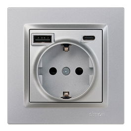 Simon Base de Enchufe Empotrar Schuko 16A 250V~ con 2 Puertos USB (USB-A + USB-C 10.5W), Color Aluminio - Serie Simon 10