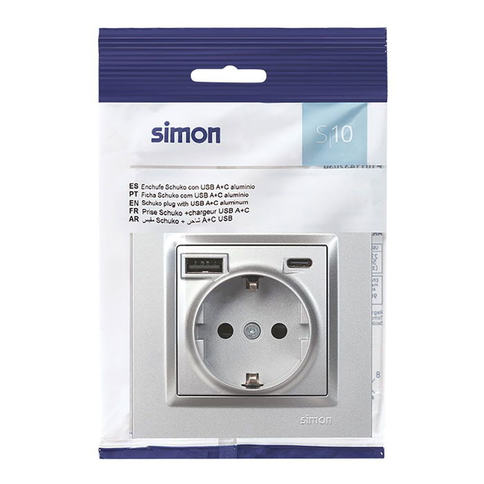 Simon Base de Enchufe Empotrar Schuko 16A 250V~ con 2 Puertos USB (USB-A + USB-C 10.5W), Color Aluminio - Serie Simon 10