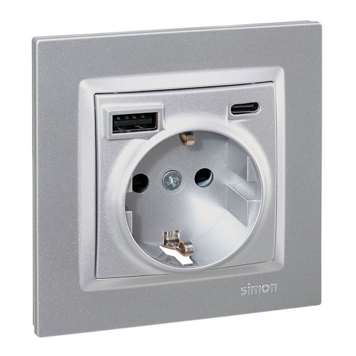 Simon Base de Enchufe Empotrar Schuko 16A 250V~ con 2 Puertos USB (USB-A + USB-C 10.5W), Color Aluminio - Serie Simon 10