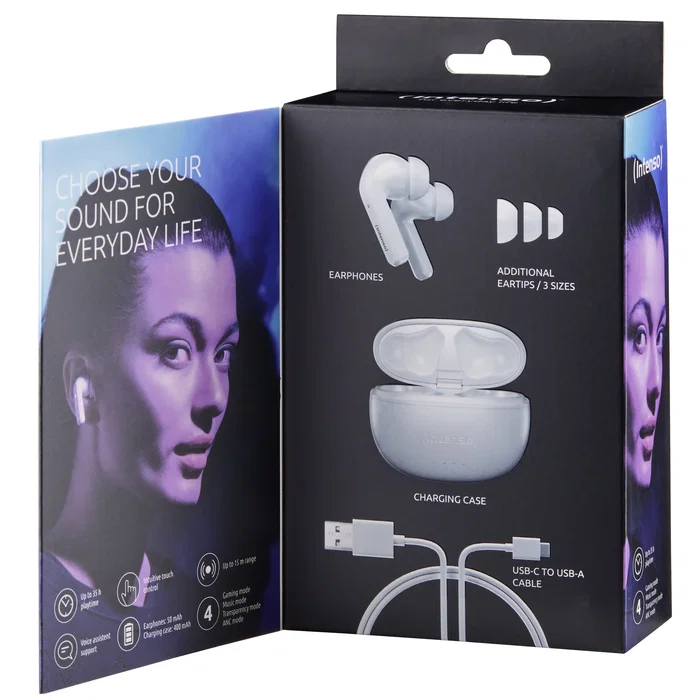 Intenso Buds T302A Auriculares Inalámbricos True Wireless (TWS) con Cancelación Activa de Ruido (ANC), Bluetooth 5.3, 35h Autonomía, Blanco