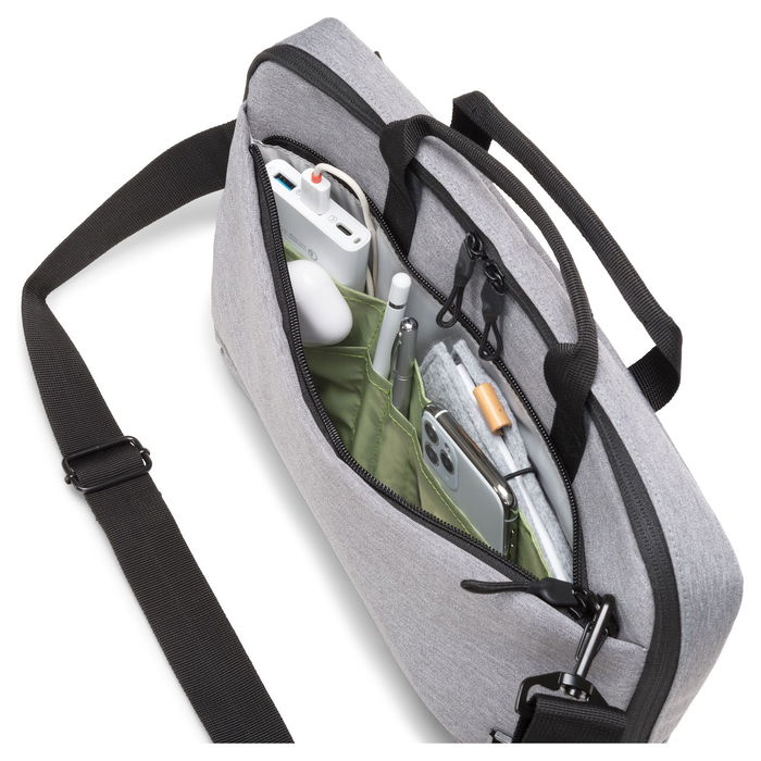 Dicota Eco Slim Case MOTION 12 - 13.3", Maletín para Portátil Gris Claro, con Compartimento para Tablet, Tirante para Hombro, 33.8 cm, Fabricado con Materiales Reciclados PET