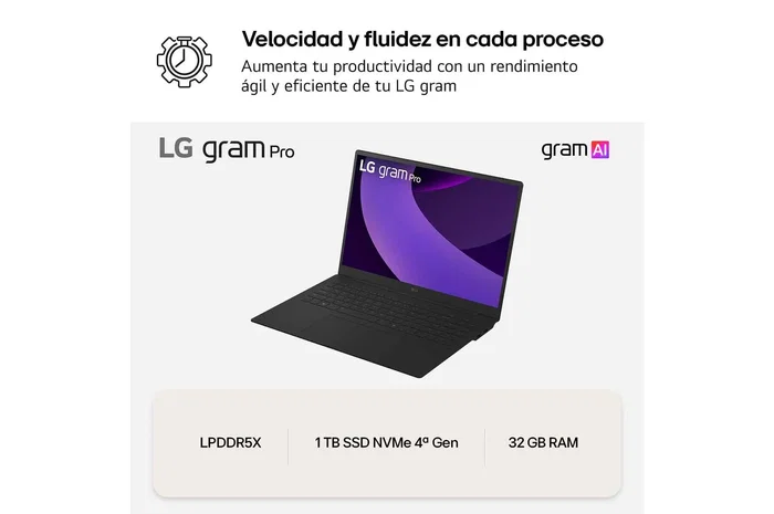 PortÁtil lg gram pro 16z90tr-e.ad88b intel core ultra 7-255h 32gb 1tb ssd geforce rtx 5050 16' win11 PortÁtil lg gram pro 16z90tr-e.ad88b intel core ultra 7-255h 32gb 1tb ssd geforce rtx 5050 16' win11