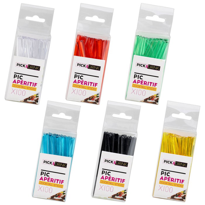 Pick and Drink Juego de 100 Palillos Aperitivo 9 cm Colores Surtidos Transparentes