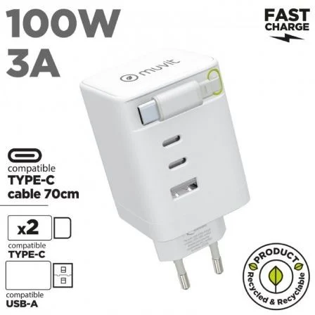 Muvit For Change MCACC0050 Cargador de Pared 1xUSB 2xUSB Tipo-C 100W Blanco