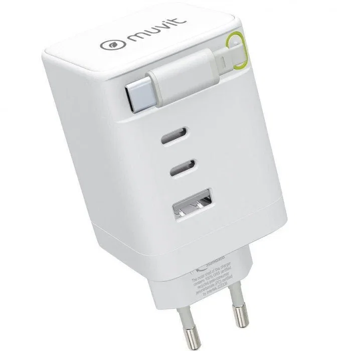 Muvit Cargador de Pared Retráctil 100W con 3 Puertos (2 USB-C, 1 USB-A) - Blanco - G1003C1AK