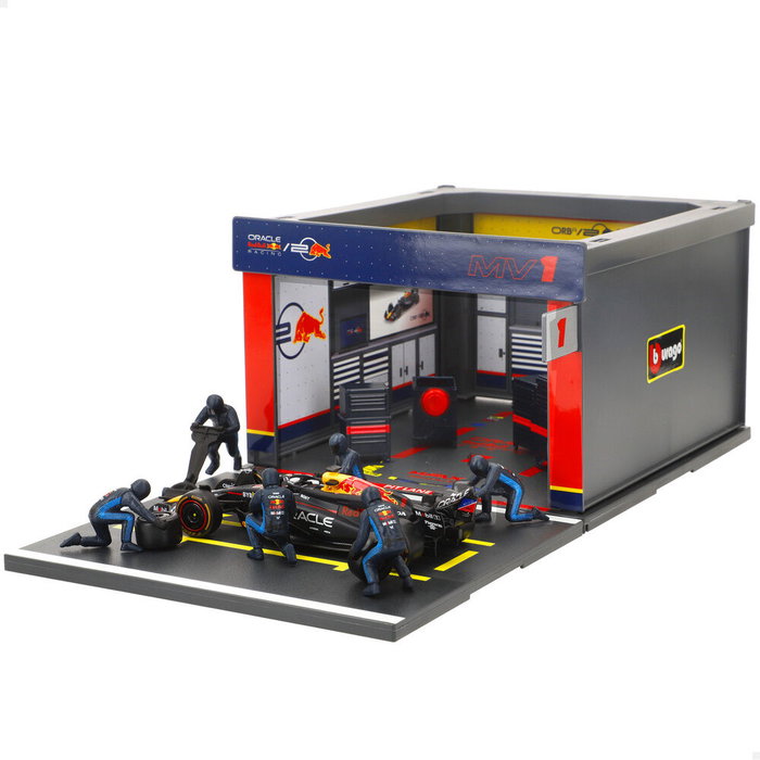 Burago Diorama Box F1 Red Bull 2023 RB20 #1 Max Verstappen 1:43 Caja de Boxes con Mecánicos, Modelo Diecast Burago Diorama Box F1 Red Bull 2023 RB20 #1 Max Verstappen 1:43 Caja de Boxes con Mecánicos, Modelo Diecast