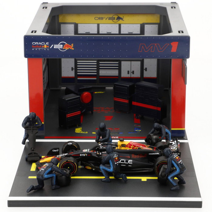 Burago Diorama Box F1 Red Bull 2023 RB20 #1 Max Verstappen 1:43 Caja de Boxes con Mecánicos, Modelo Diecast Burago Diorama Box F1 Red Bull 2023 RB20 #1 Max Verstappen 1:43 Caja de Boxes con Mecánicos, Modelo Diecast