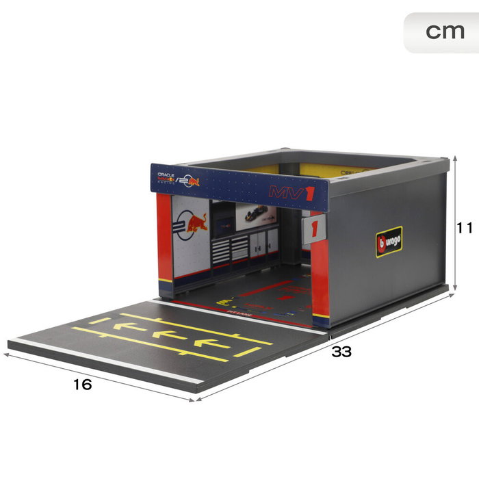 Burago Diorama Box F1 Red Bull 2023 RB20 #1 Max Verstappen 1:43 Caja de Boxes con Mecánicos, Modelo Diecast Burago Diorama Box F1 Red Bull 2023 RB20 #1 Max Verstappen 1:43 Caja de Boxes con Mecánicos, Modelo Diecast