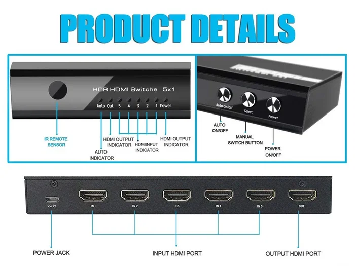 Equip Switch HDMI 2.0 5x1 4K 60Hz Negro Equip Switch HDMI 2.0 5x1 4K 60Hz Negro