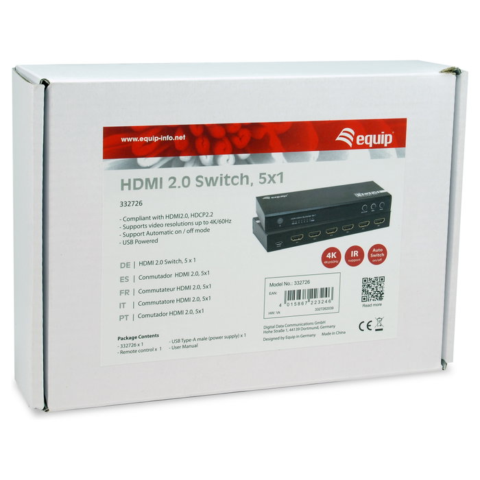 Equip Switch HDMI 2.0 5x1 4K 60Hz Negro 332726