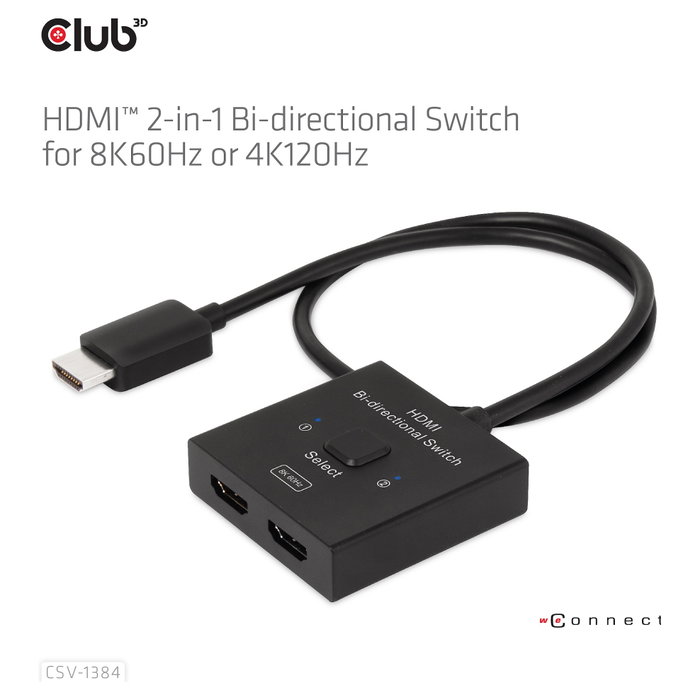 Club 3D CSV-1384 Conmutador HDMI 2 en 1 Bidireccional 8K60Hz/4K120Hz