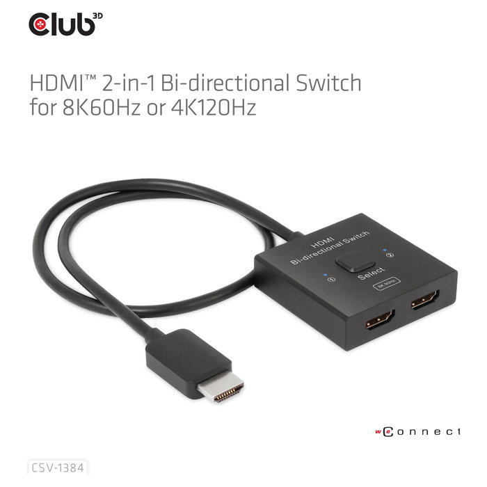 Club 3D CSV-1384 Conmutador HDMI 2 en 1 Bidireccional 8K60Hz/4K120Hz