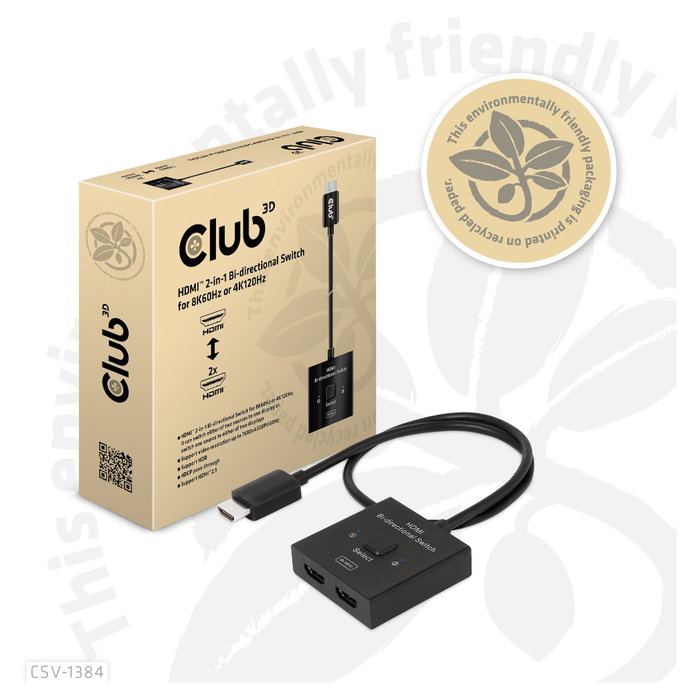 Club 3D CSV-1384 Conmutador HDMI 2 en 1 Bidireccional 8K60Hz/4K120Hz