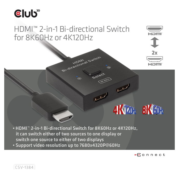 Club 3D CSV-1384 Conmutador HDMI 2 en 1 Bidireccional 8K60Hz/4K120Hz